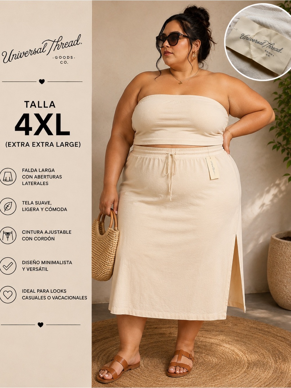 Universal Thread Cream Midi Skirt with Side Slit